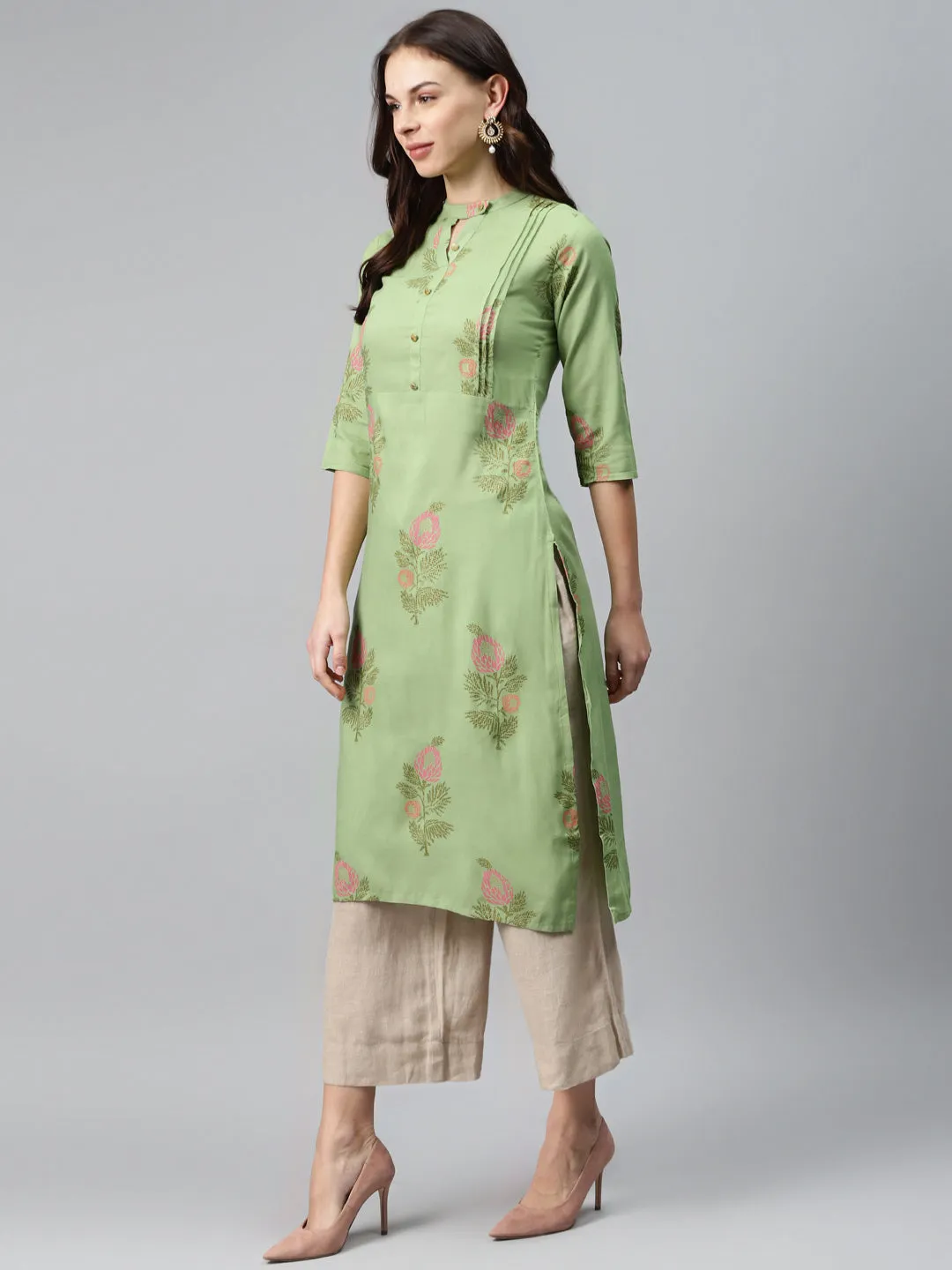 Anubhutee Women Green  Pink Printed Straight Kurta