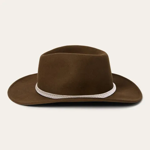 Brown Triangular Crown Hat with Curved Wavy Brim and White Leather Hatband