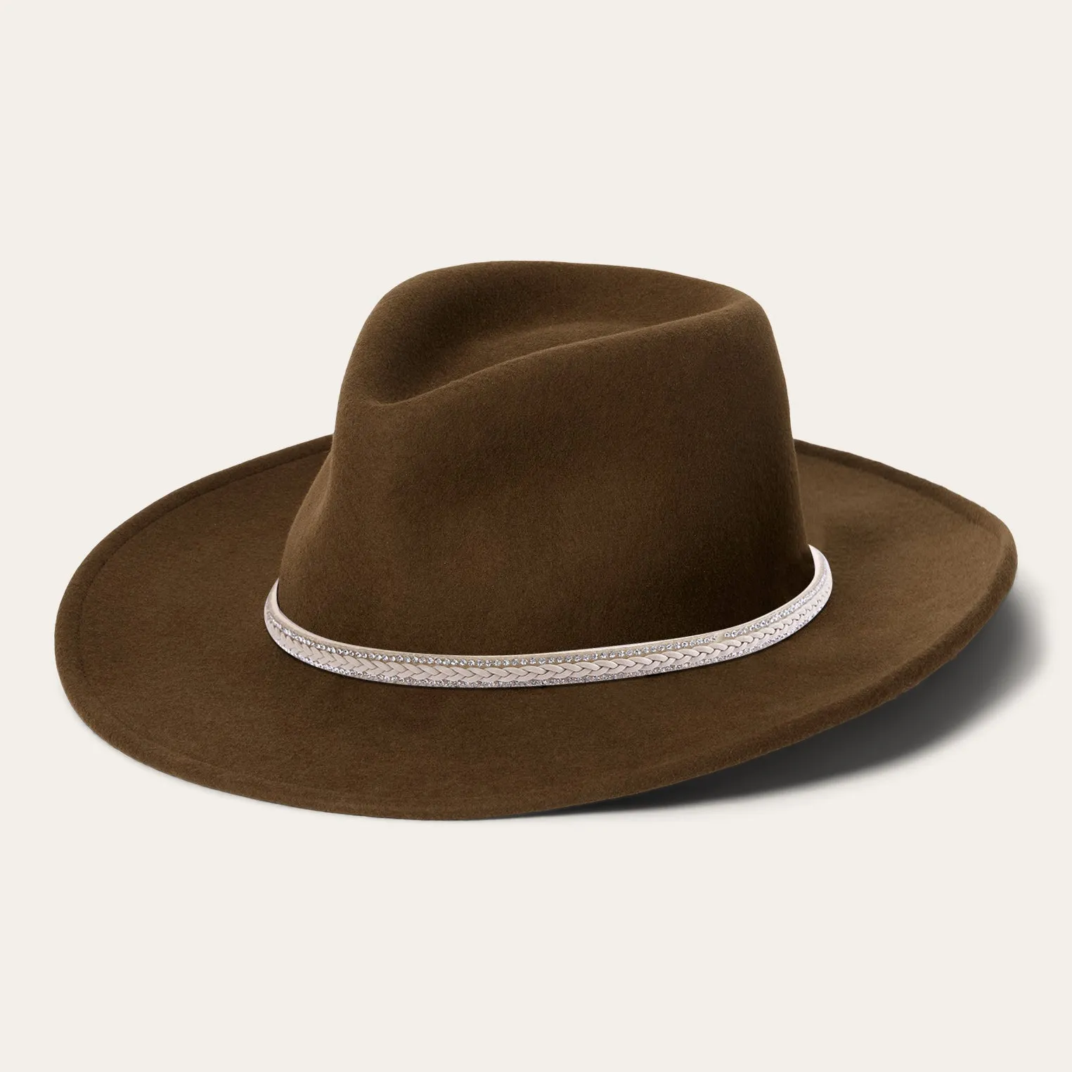 Brown Triangular Crown Hat with Curved Wavy Brim and White Leather Hatband