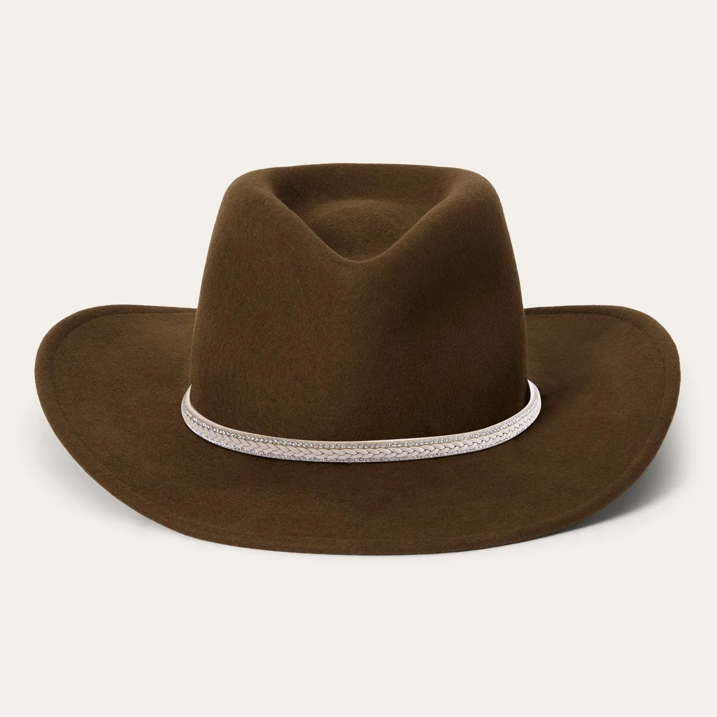 Brown Triangular Crown Hat with Curved Wavy Brim and White Leather Hatband