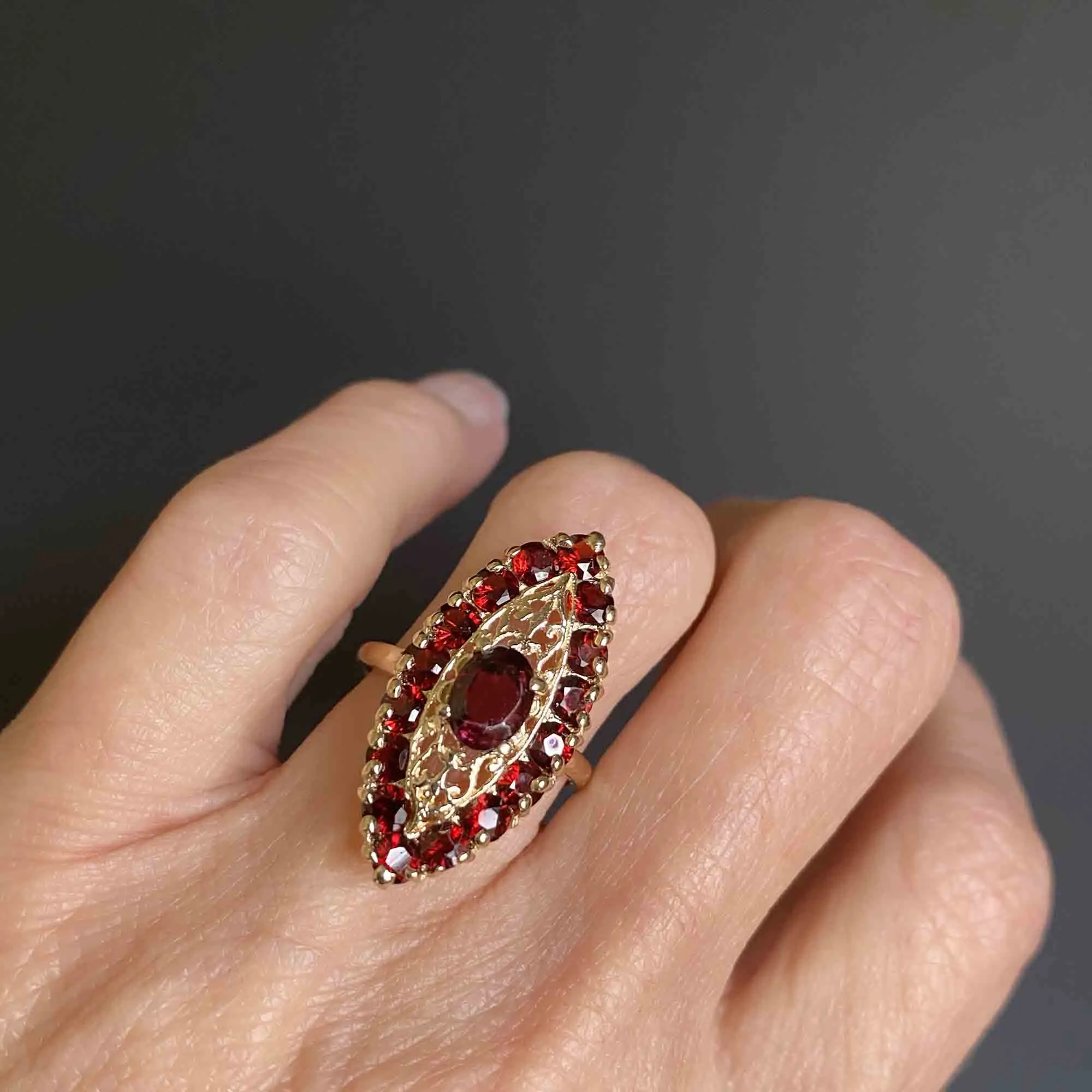 Classic Navette Garnet Ring in 14K Gold