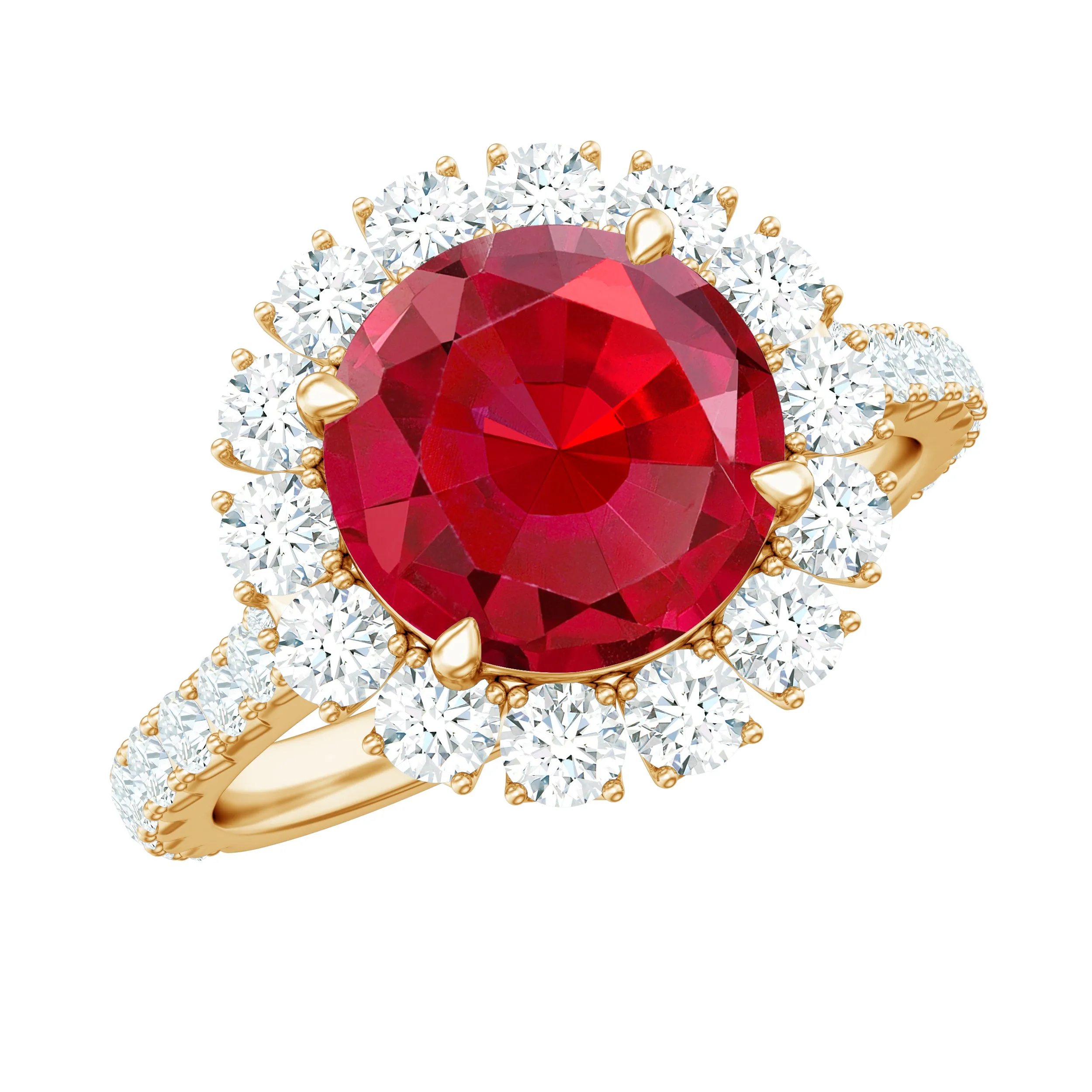 Created Ruby Classic Halo Engagement Ring with Moissanite in Gold