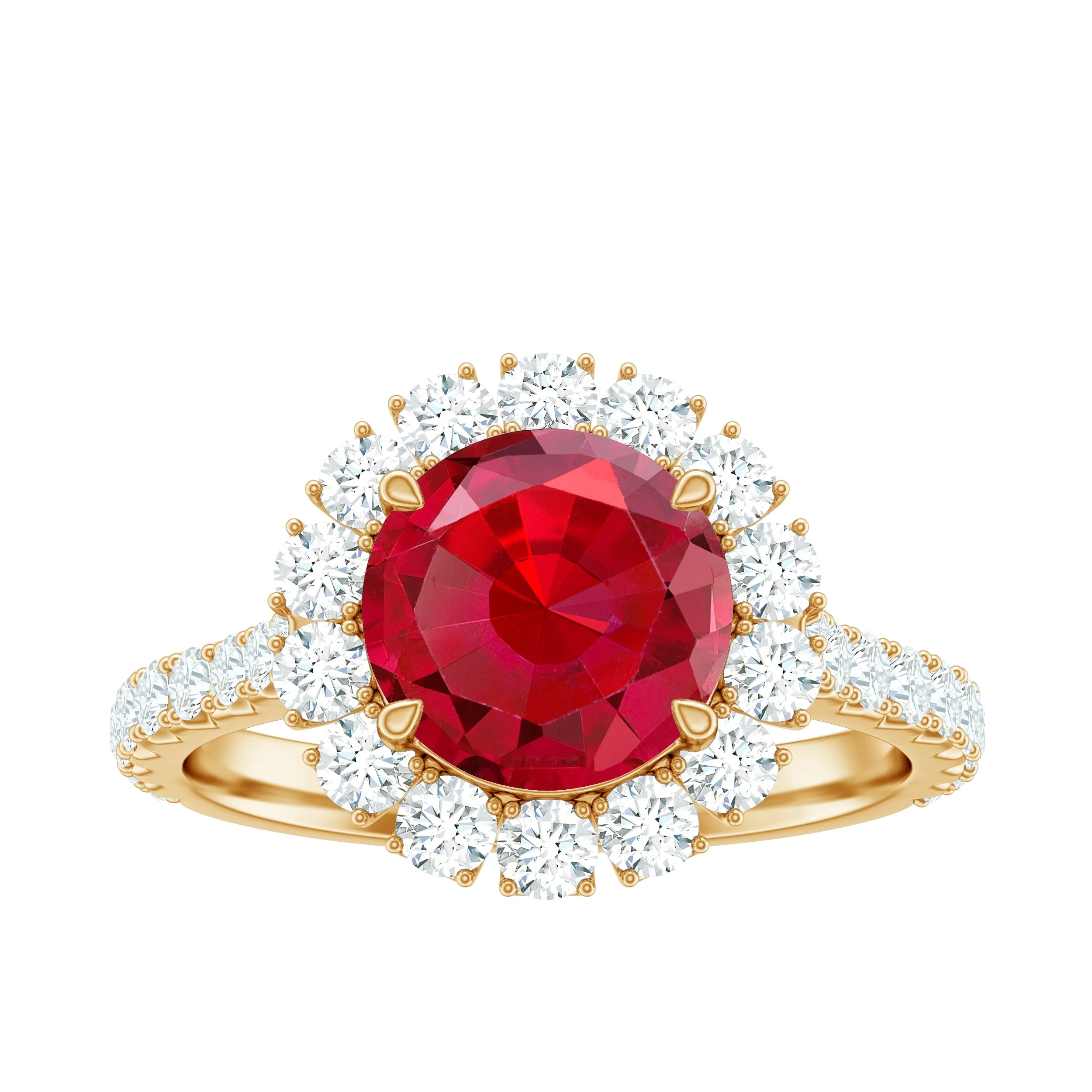 Created Ruby Classic Halo Engagement Ring with Moissanite in Gold