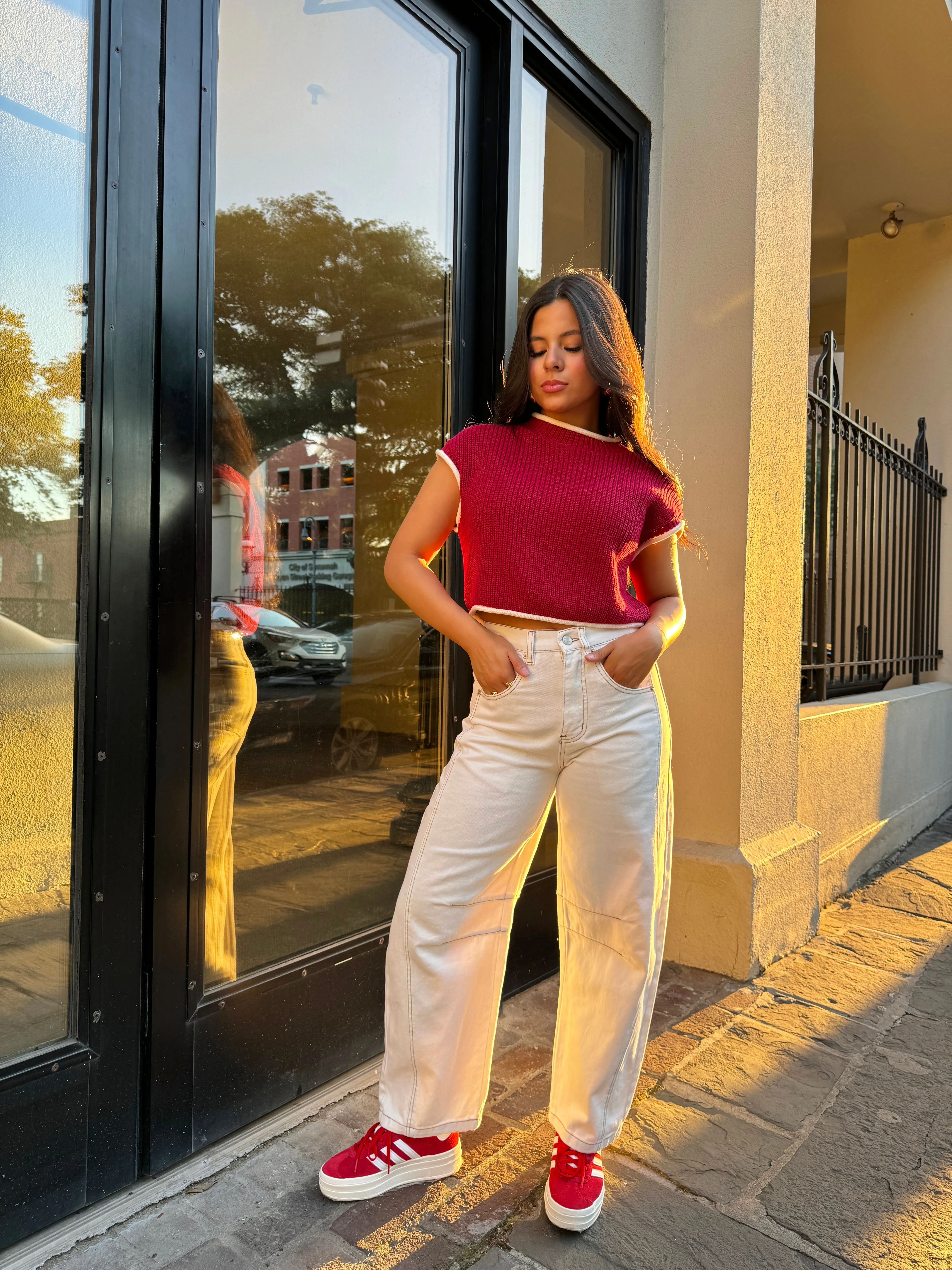 Crimson White Contrast Knit Top