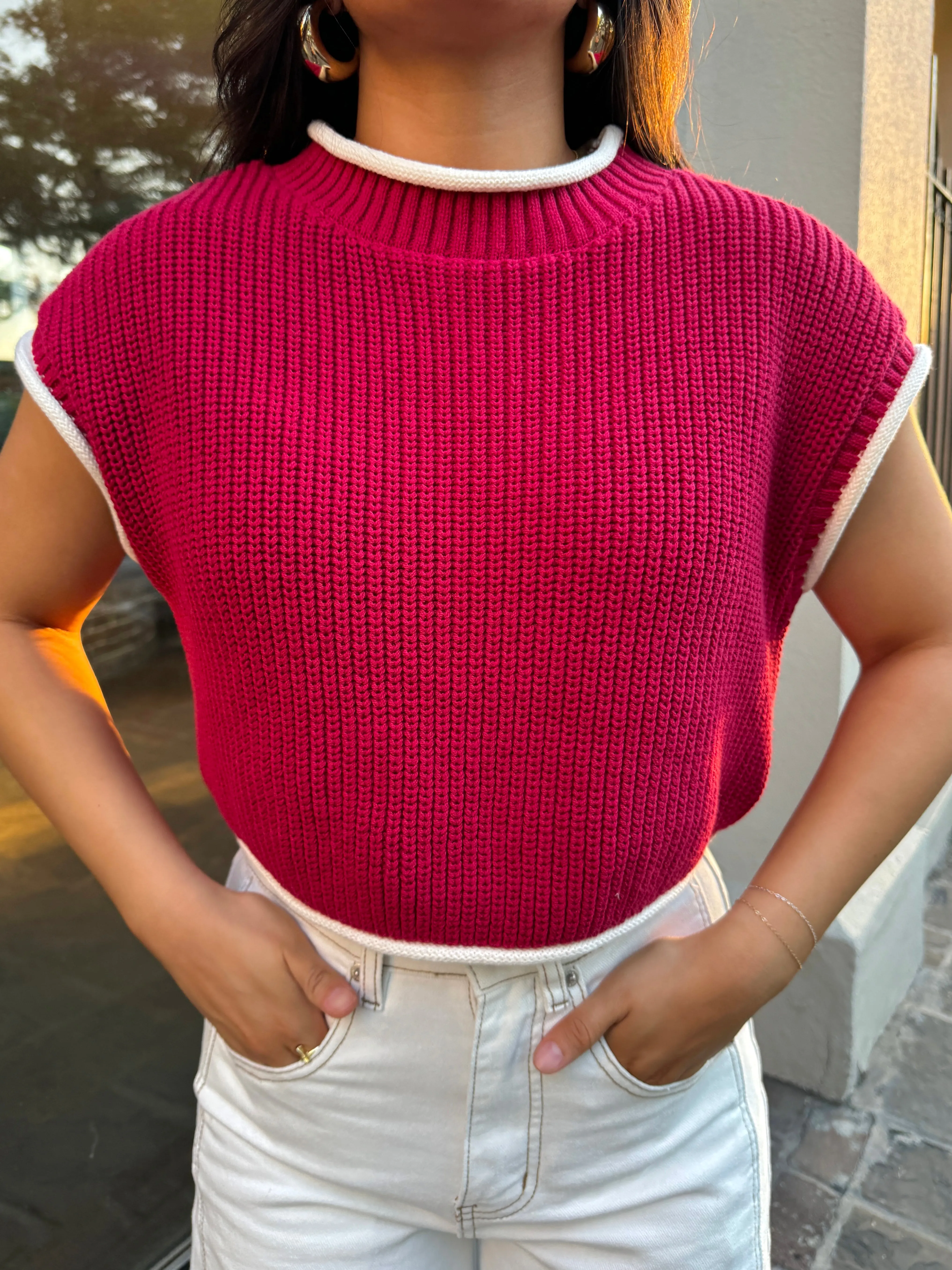 Crimson White Contrast Knit Top