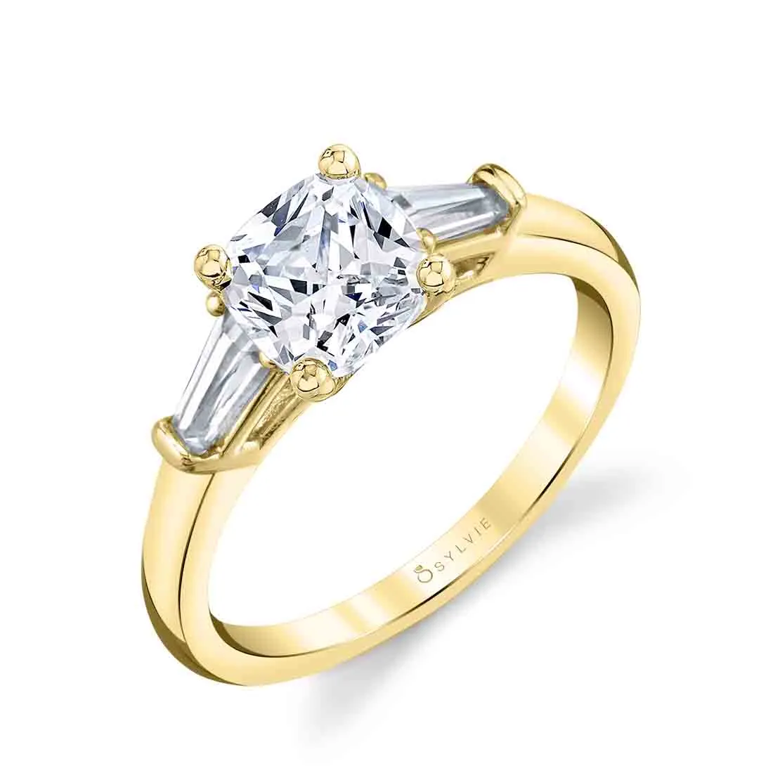 Cushion Cut Three Stone Engagement Ring with Baguettes - Nicolette 18k Gold Yellow