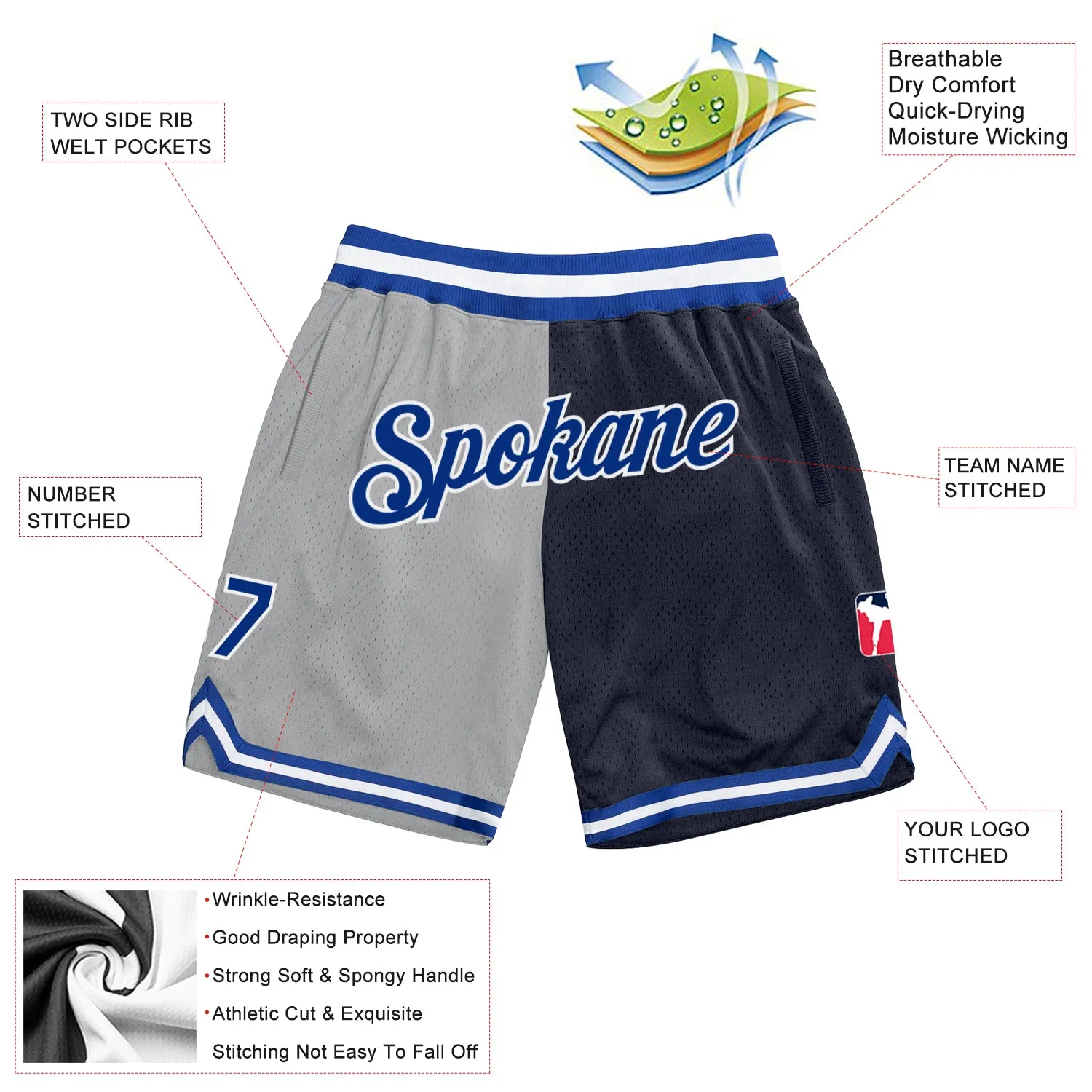 Custom Gray Royal-Navy Authentic Throwback Split Fashion Basketball Shorts