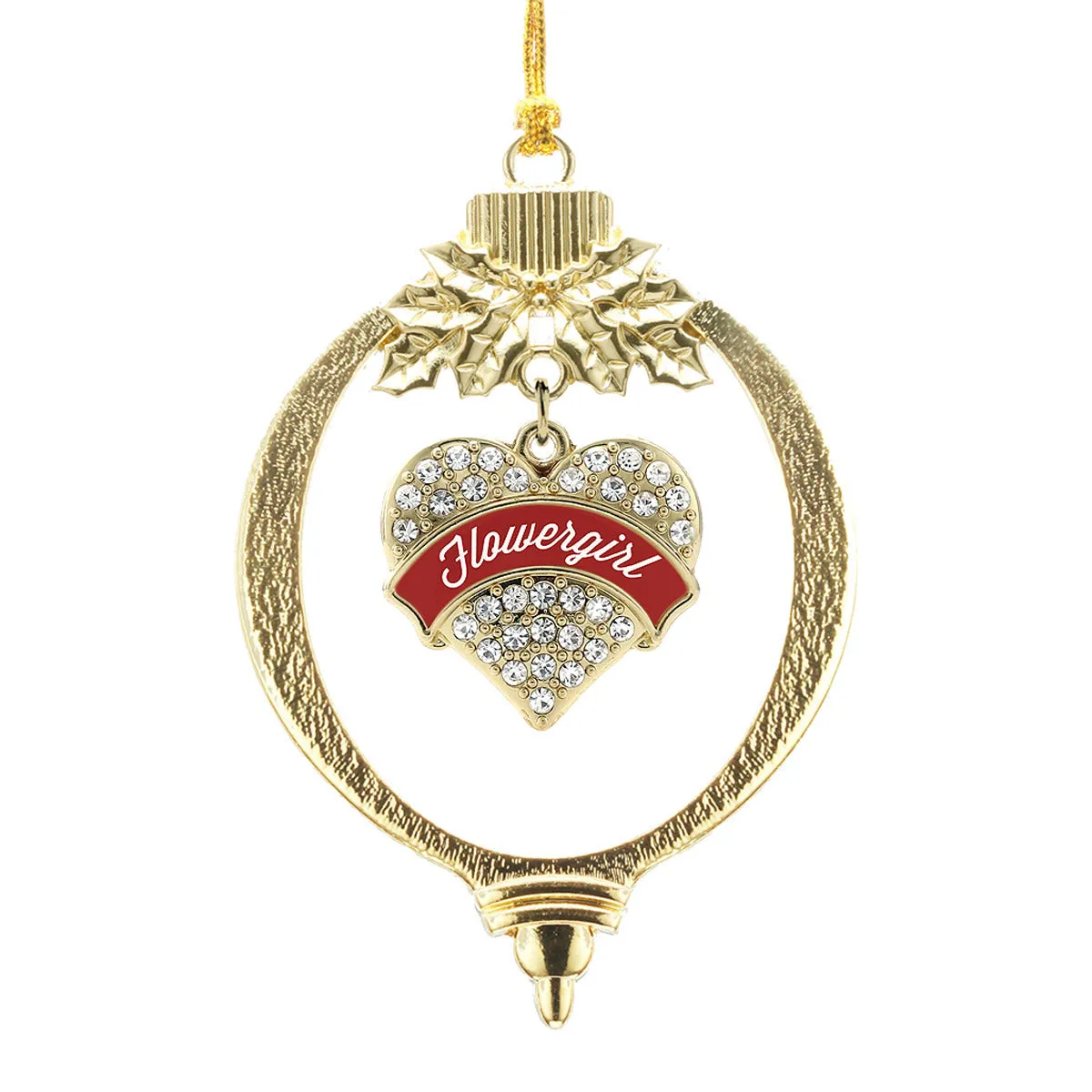 Gold Crimson Red Flower Girl Pave Heart Charm Holiday Ornament