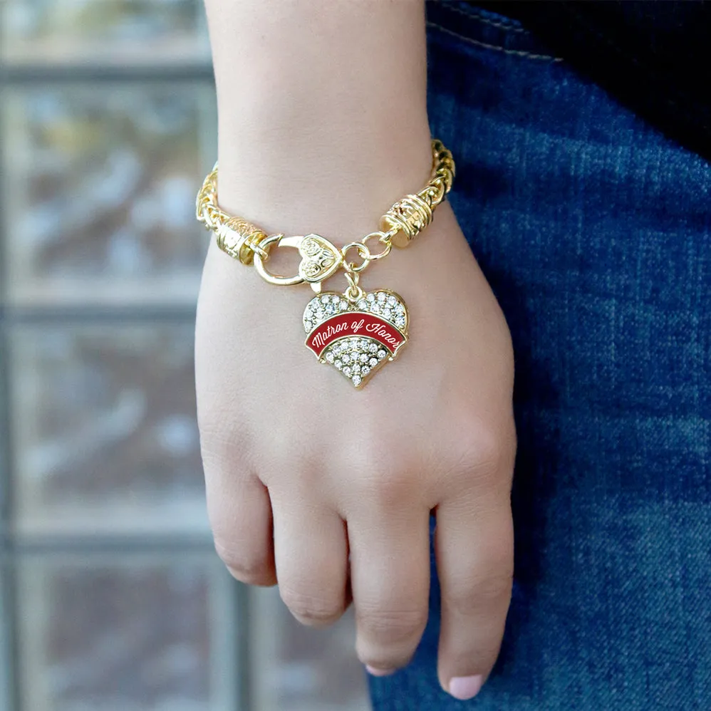 Gold Crimson Red Matron of Honor Pave Heart Charm Braided Bracelet