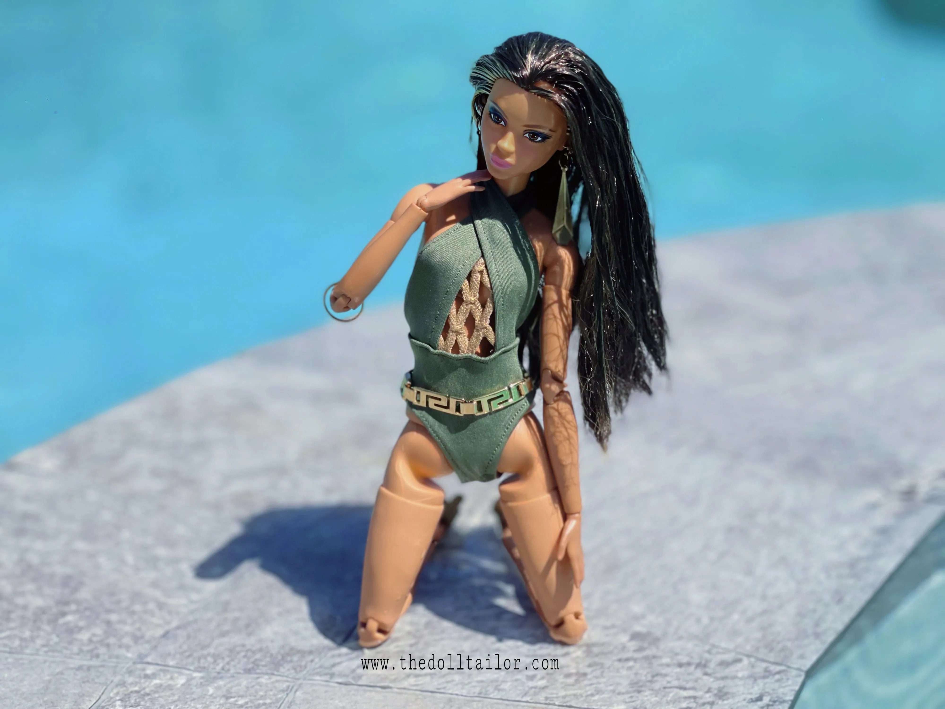 Green bikini for Barbie dolls and 1/6 scale dolls with gold accents