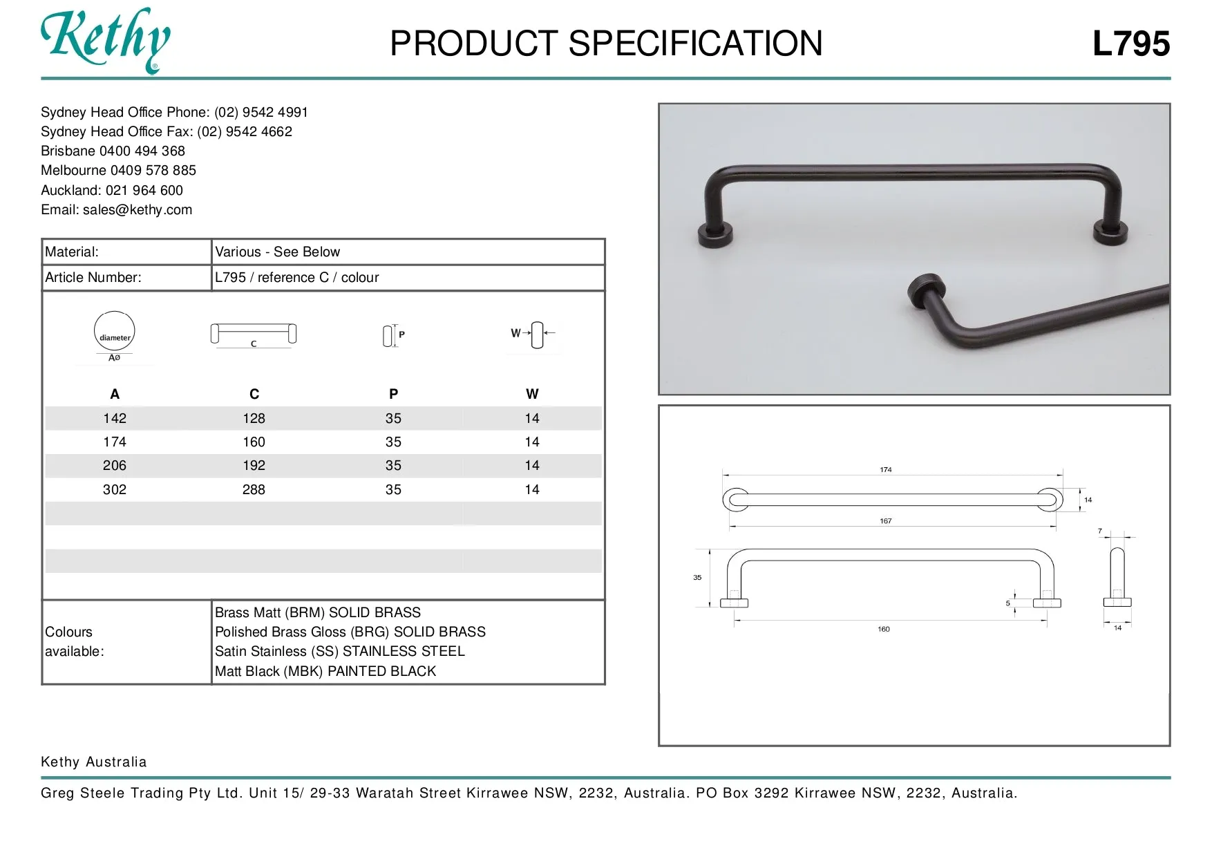 KETHY L795 CABINET LOUNGE HANDLE 128MM