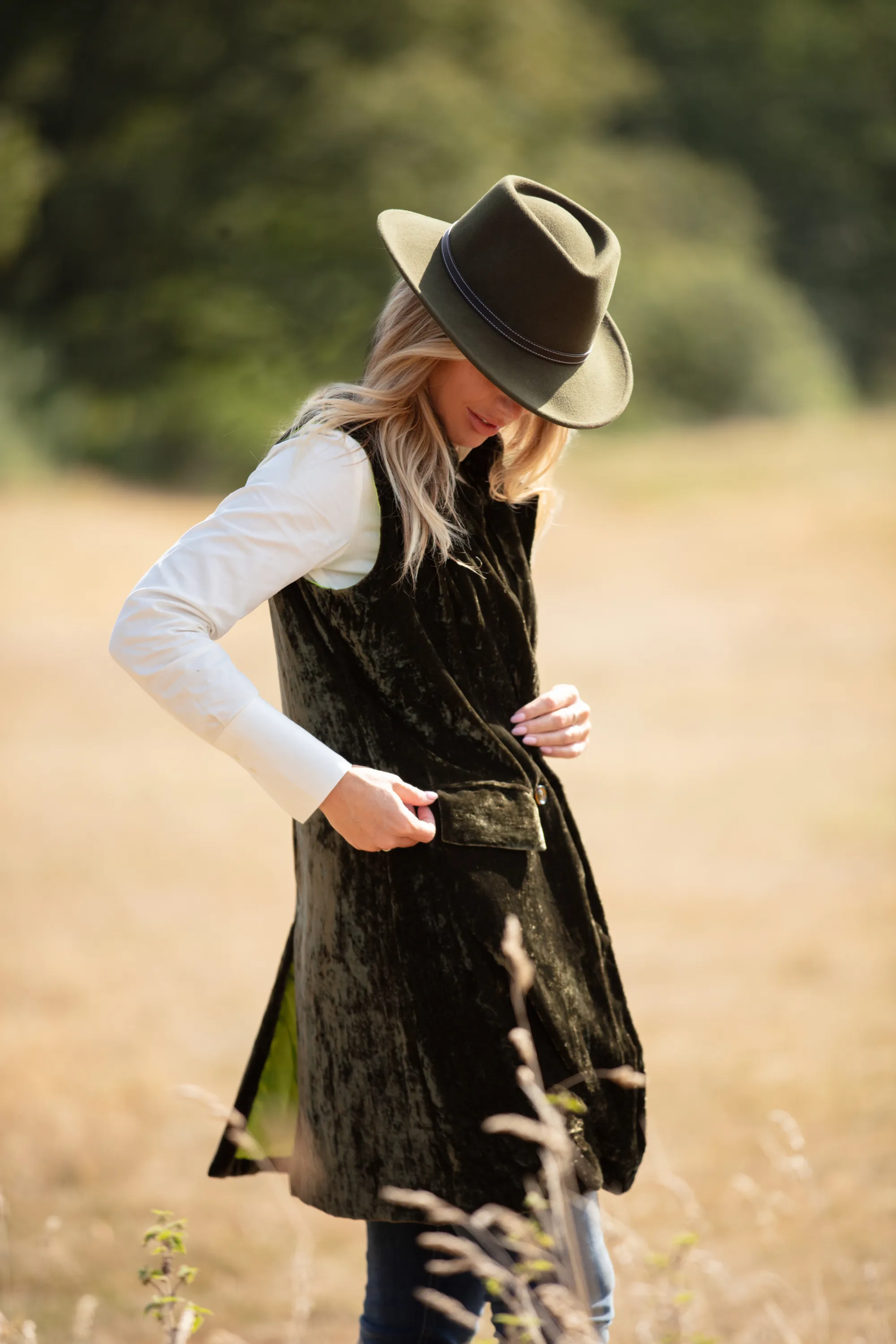 Long Silk Velvet Waistcoat In Olive Green