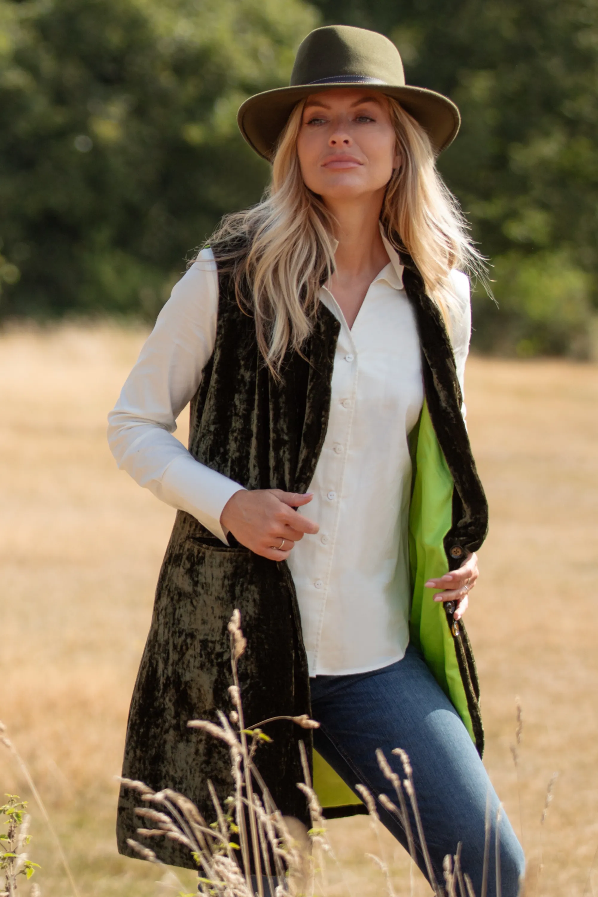 Long Silk Velvet Waistcoat In Olive Green