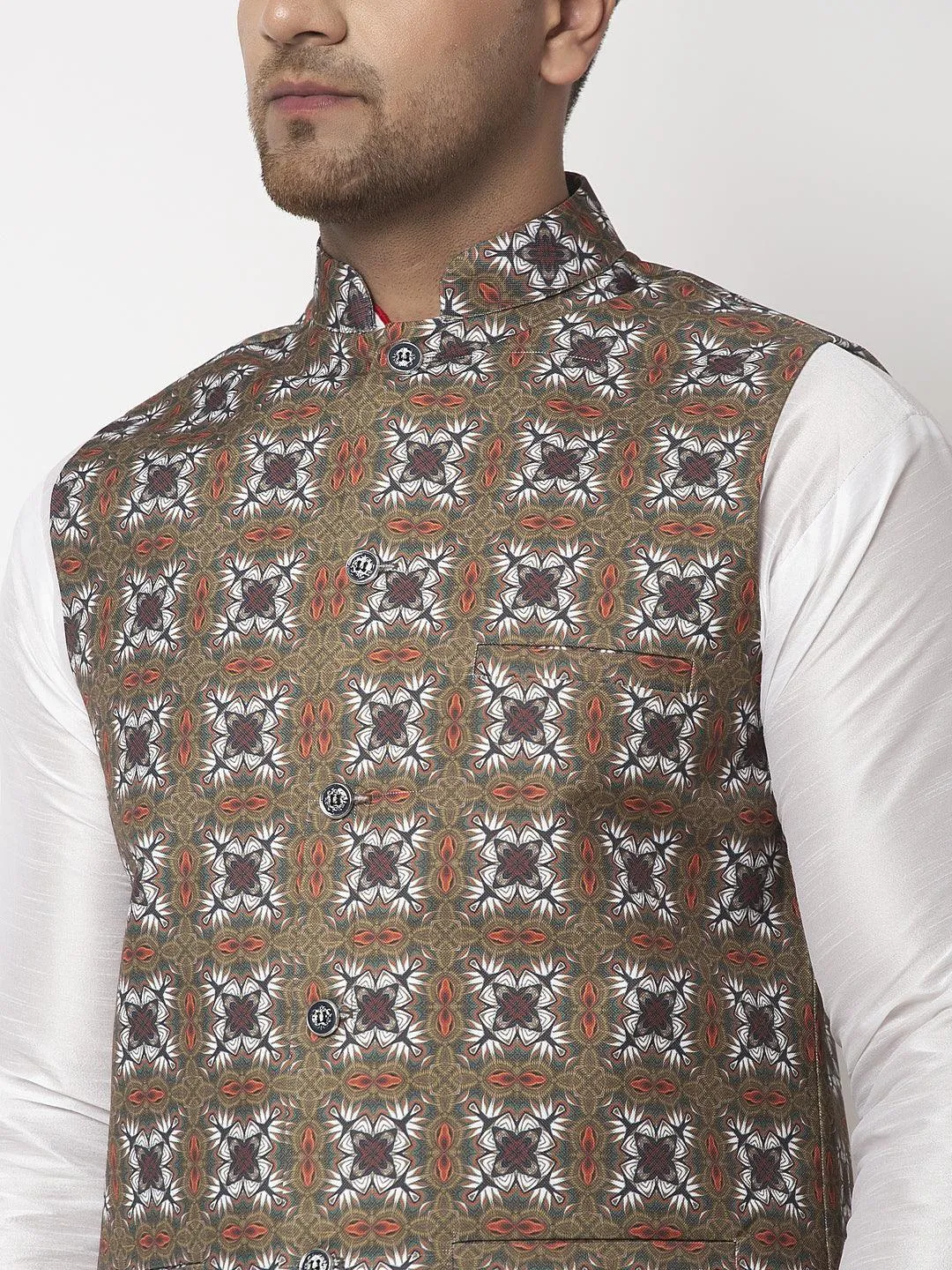 Men's Olive Green & White Printed Nehru Jacket - Benstoke