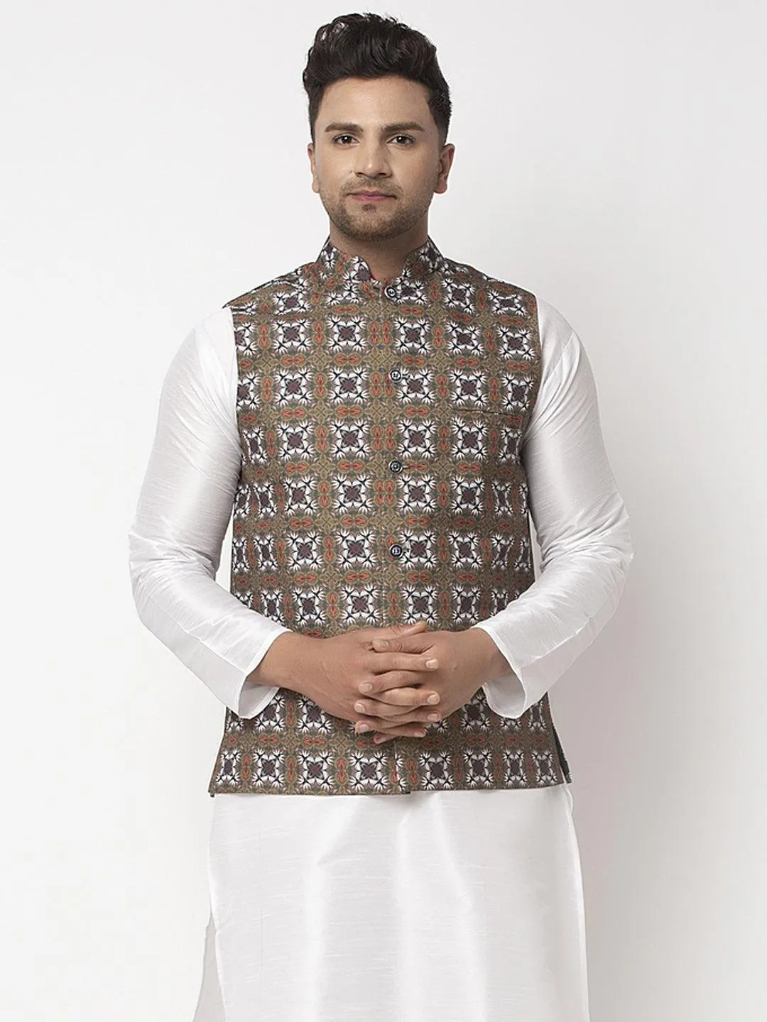 Men's Olive Green & White Printed Nehru Jacket - Benstoke