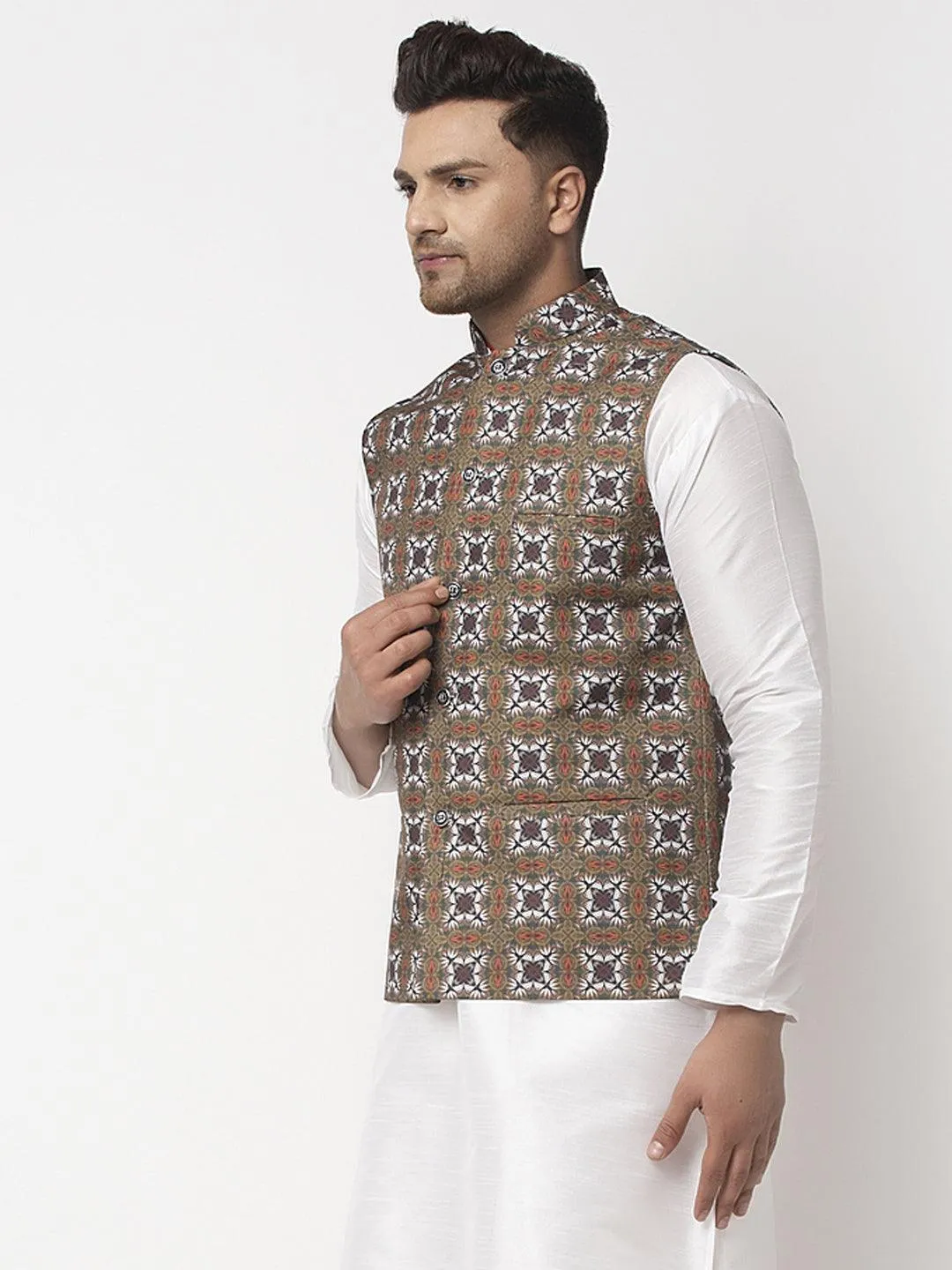 Men's Olive Green & White Printed Nehru Jacket - Benstoke