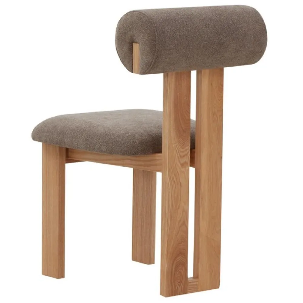 Modern Rolled Back Armless Dining Chair Brown Boucle & Natural Finish Wood