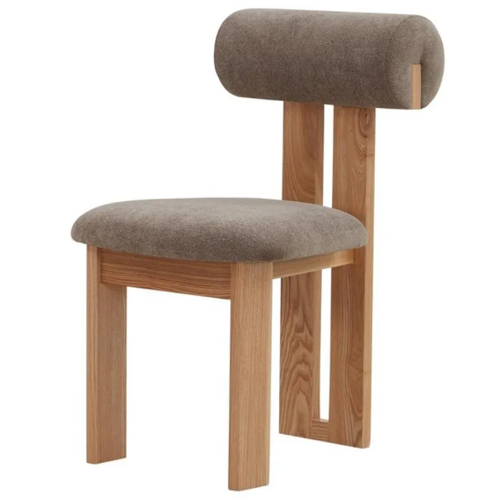 Modern Rolled Back Armless Dining Chair Brown Boucle & Natural Finish Wood