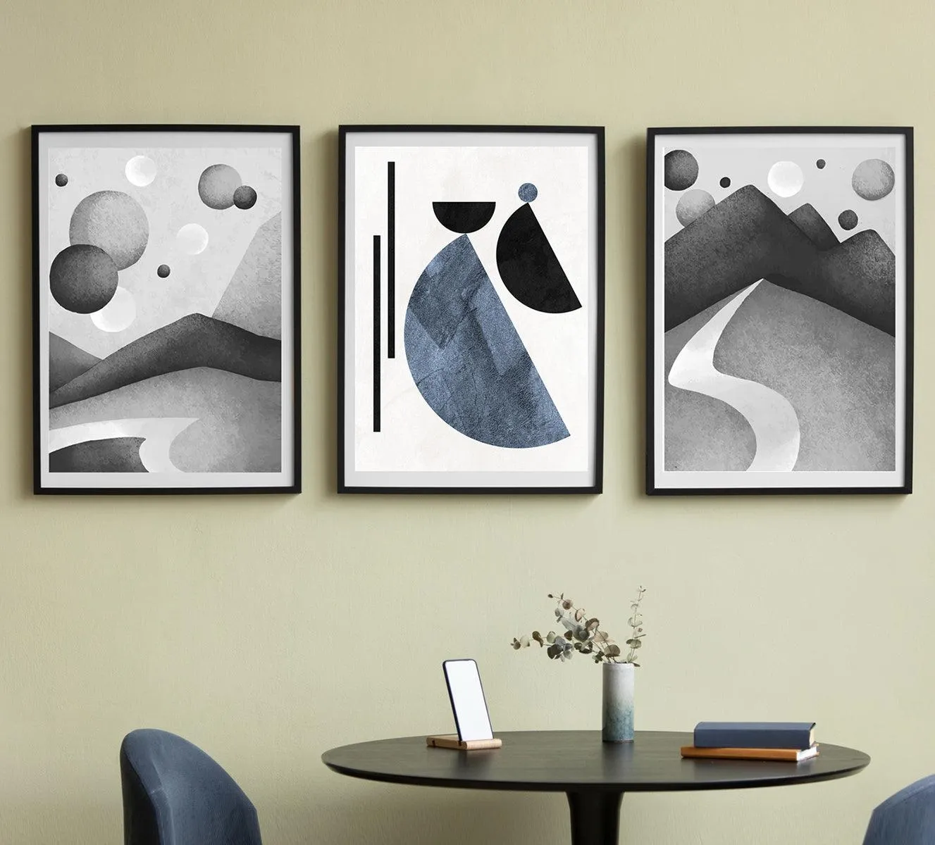 Monochrome Serenity: Trio of Abstract Minimalist Art