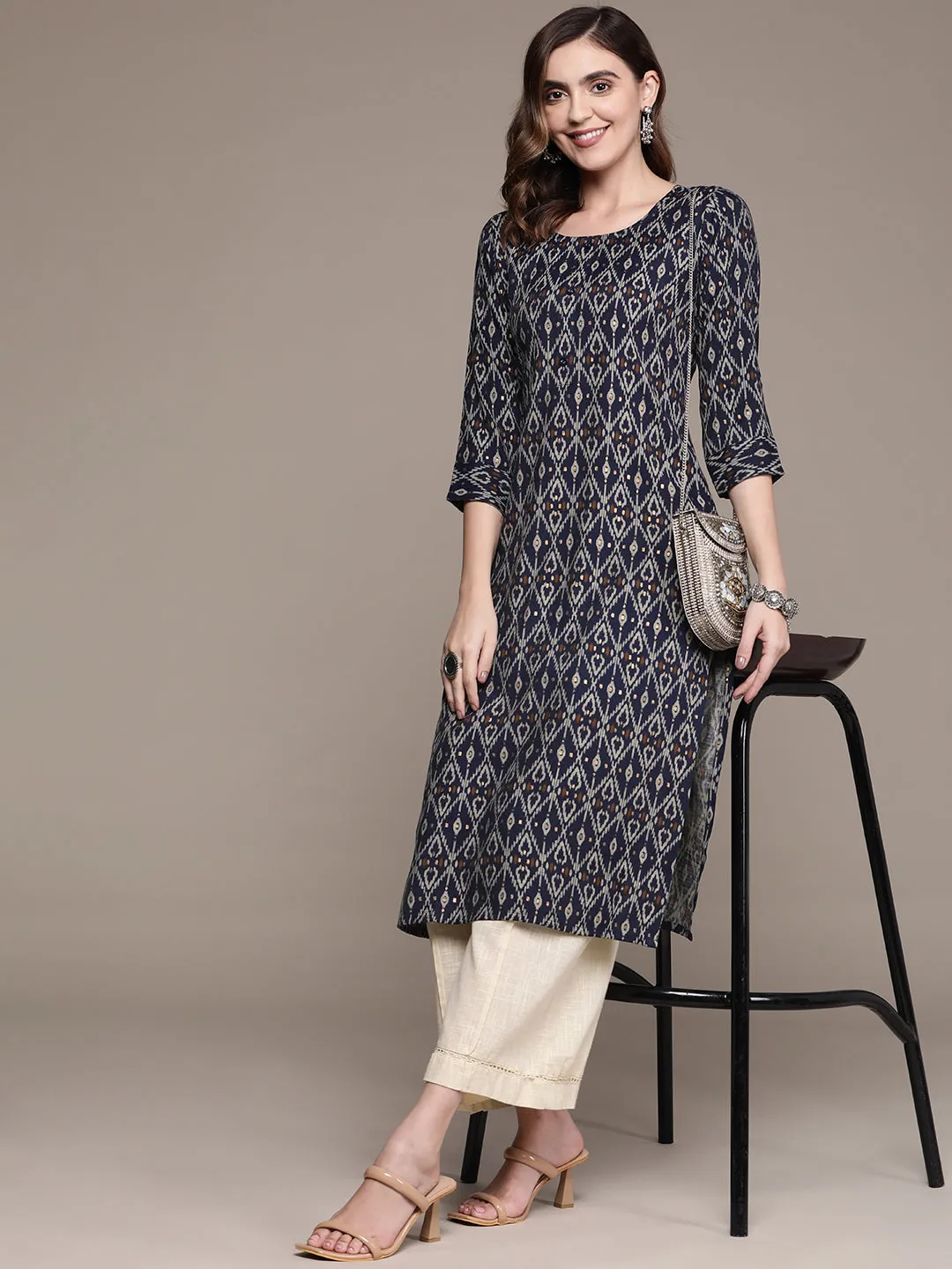 Navy Blue & Beige Ethnic Motifs Printed Straight Kurta