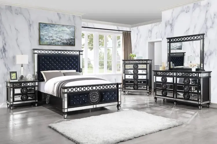 Nelson King Bed, Black Velvet & BLACK & Sliver FINISH