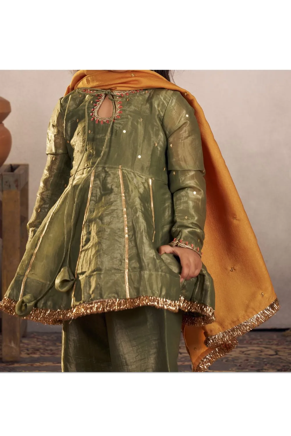 Olive Green Embroidered Peplum Style Kurta With Pant Set