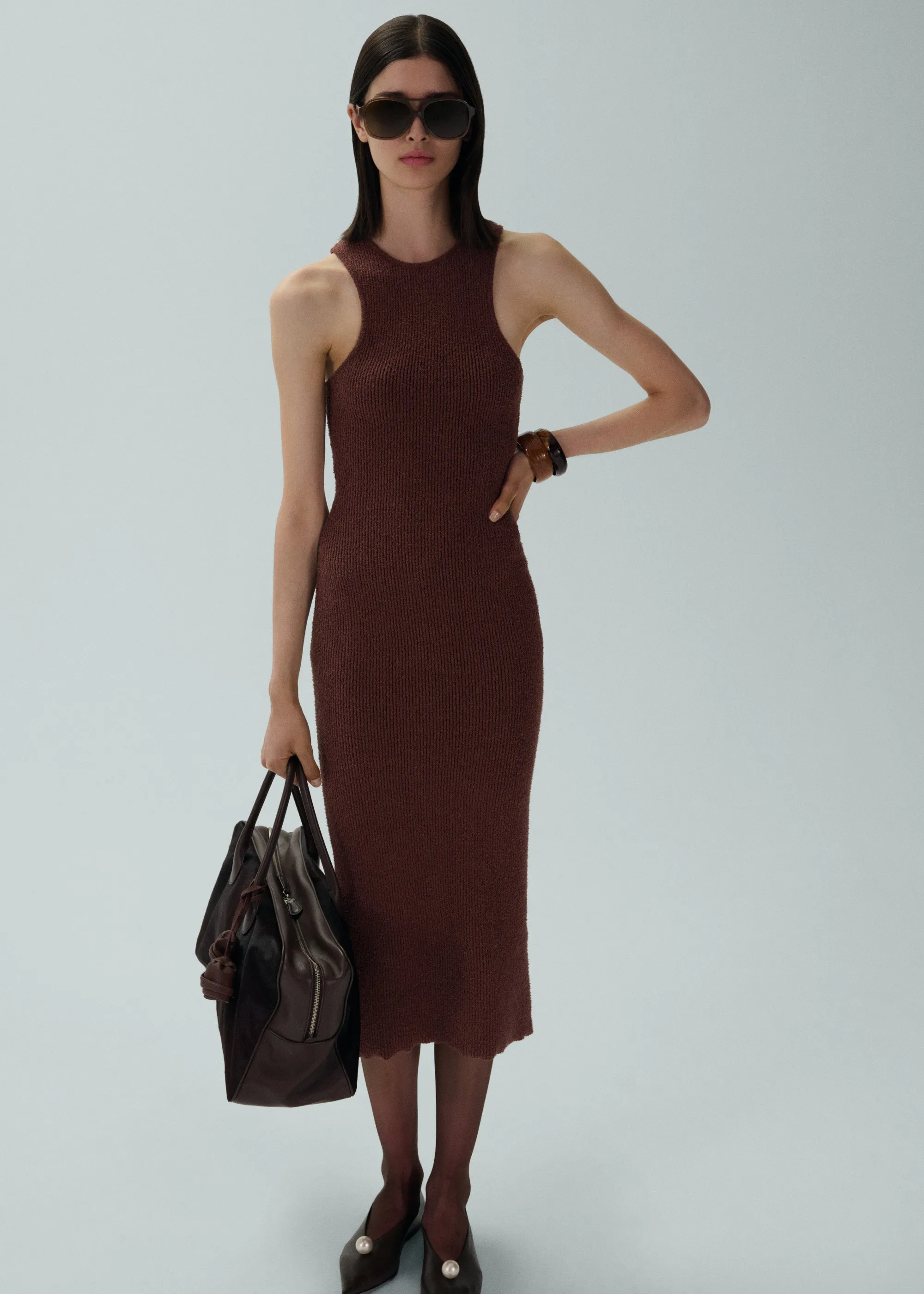 Racerfront ribbed knitwear dress in brown