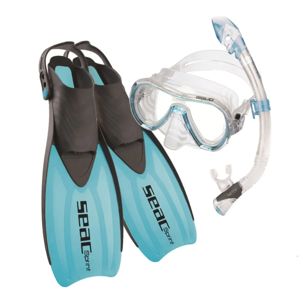 Seac Set Tris Sprint Dry Snorkeling Set with Silicone Mask, Snorkel with Dry Top and Fins