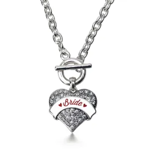 Silver Crimson Red Bride Pave Heart Charm Toggle Necklace