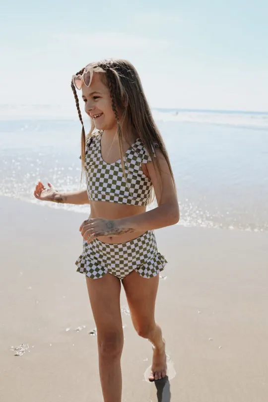 Two Piece Girls Swim Suit  | Wave Chaser Olive Checker