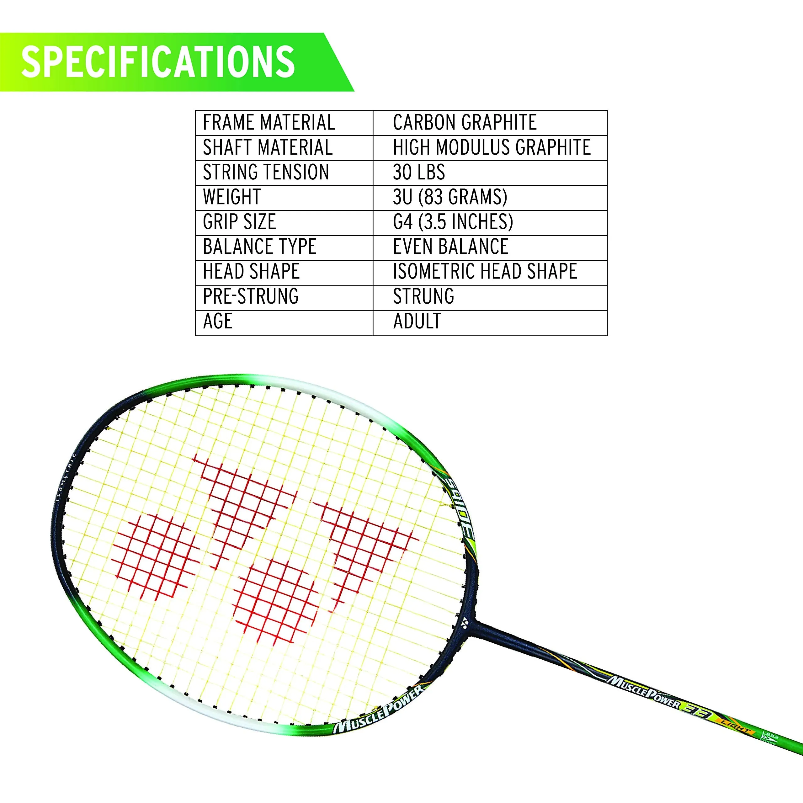 Yonex Muscle Power 33 Graphite Badminton Racquet with free Full Cover (Set of 1,Light Green, G4, 83 grams, 30 lbs Tension)